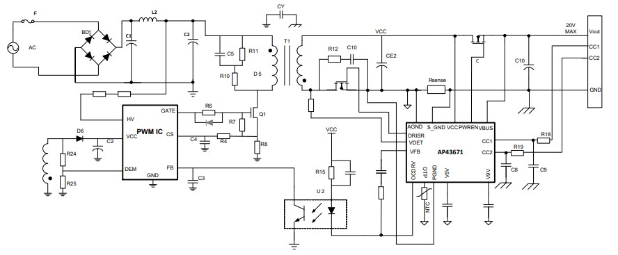 Application Circuit Diagram - Diodes Incorporated AP43671 USB Type-C™ Power Delivery (PD) Controller